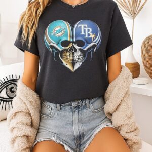 Miami Dolphins And Tampa Bay Rays Skull Heart Graphic T-Shirt