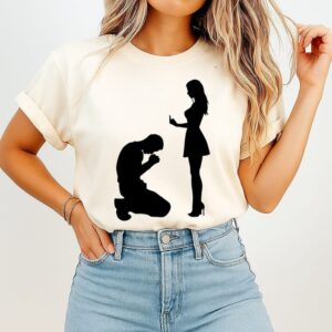 Man Kneeling Before Woman Giving Middle Finger T-Shirt