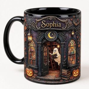 Personalized Reading Mug Ghost Cat Ceramic Coffee Cup Halloween