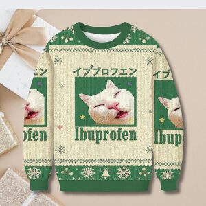 Funny Ibuprofen Cat Meme Sweater, Ugly Christmas Japanese Cat Sweatshirt