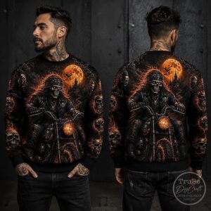 Halloween Biker Ugly Sweater, Motorcycle Skeleton Sweatshirt