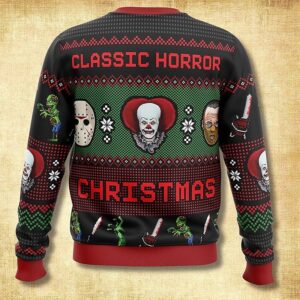 Horror Christmas Sweater Ugly Xmas Jumper, Killer Clown Hockey Mask Chainsaw Pattern