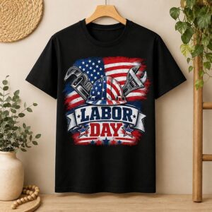 Labor Day Patriotic Graphic T-Shirt, Vintage Washed USA Flag Hardhat Wrench Worker T-Shirt