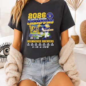 Milwaukee Brewers 4 In A Row 2026 Nl Central Division Champions ’11 ’18 ’21 ’23 ’24 ’25 ’26 Mascot T-Shirt