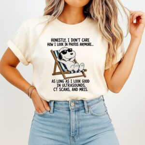 Snoopy Honestly I Don’t Care How I Look In Photos Anymore Quote T-Shirt