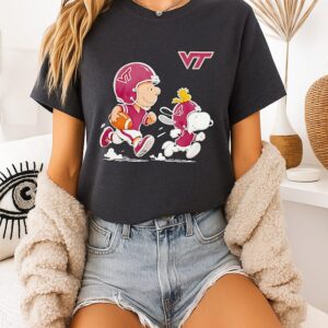 Virginia Tech Hokies X Charlie Brown Woodstock And Snoopy Football Running NCAA T-Shirt