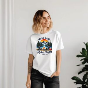 Work Hard Relax Harder Labor Day T-Shirt, Retro Mountain Camping T-Shirt