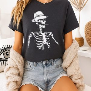 Horrible Skull Wearing Hat Smoking Cigarette T-Shirt