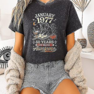January 1977 50 Years Of Being Awesome Black Cat Birthday T-Shirt