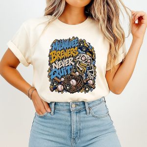 Milwaukee Brewers Never Quit Skull Graphic T-Shirt