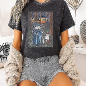 Wizard Cat With Mushroom Companion In Enchanted Forest T-Shirt